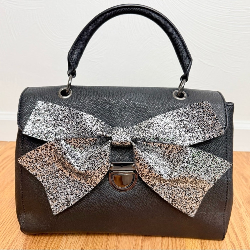 NEW Black glitter bow top handle clutch purse structured satchel by APT 9